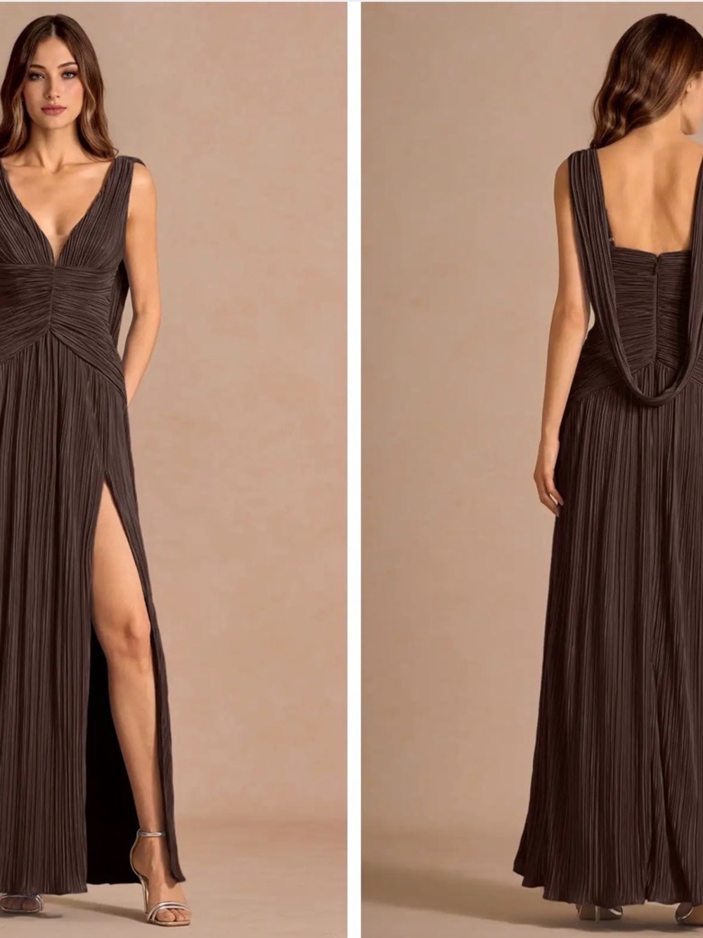 Azazie Brown Pleated V-Neck Maxi Bridesmaid/Formal Dress